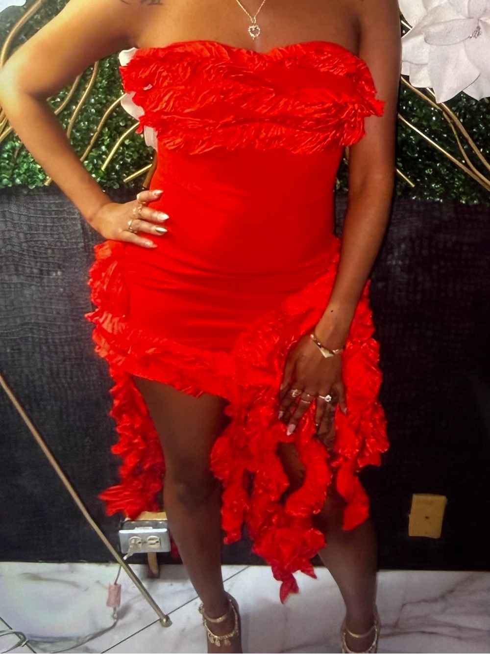 Red Strapless Ruffle High-Low Dress
